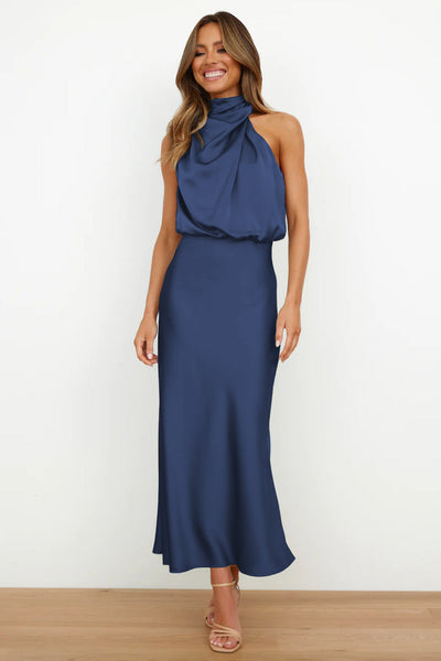 Valoria™ - Halter Neck Satin Maxi Dress