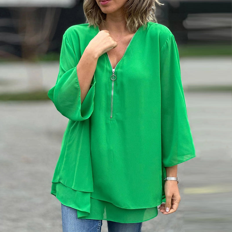 Mediva™ - Chiffon Zipper Top With V-neck