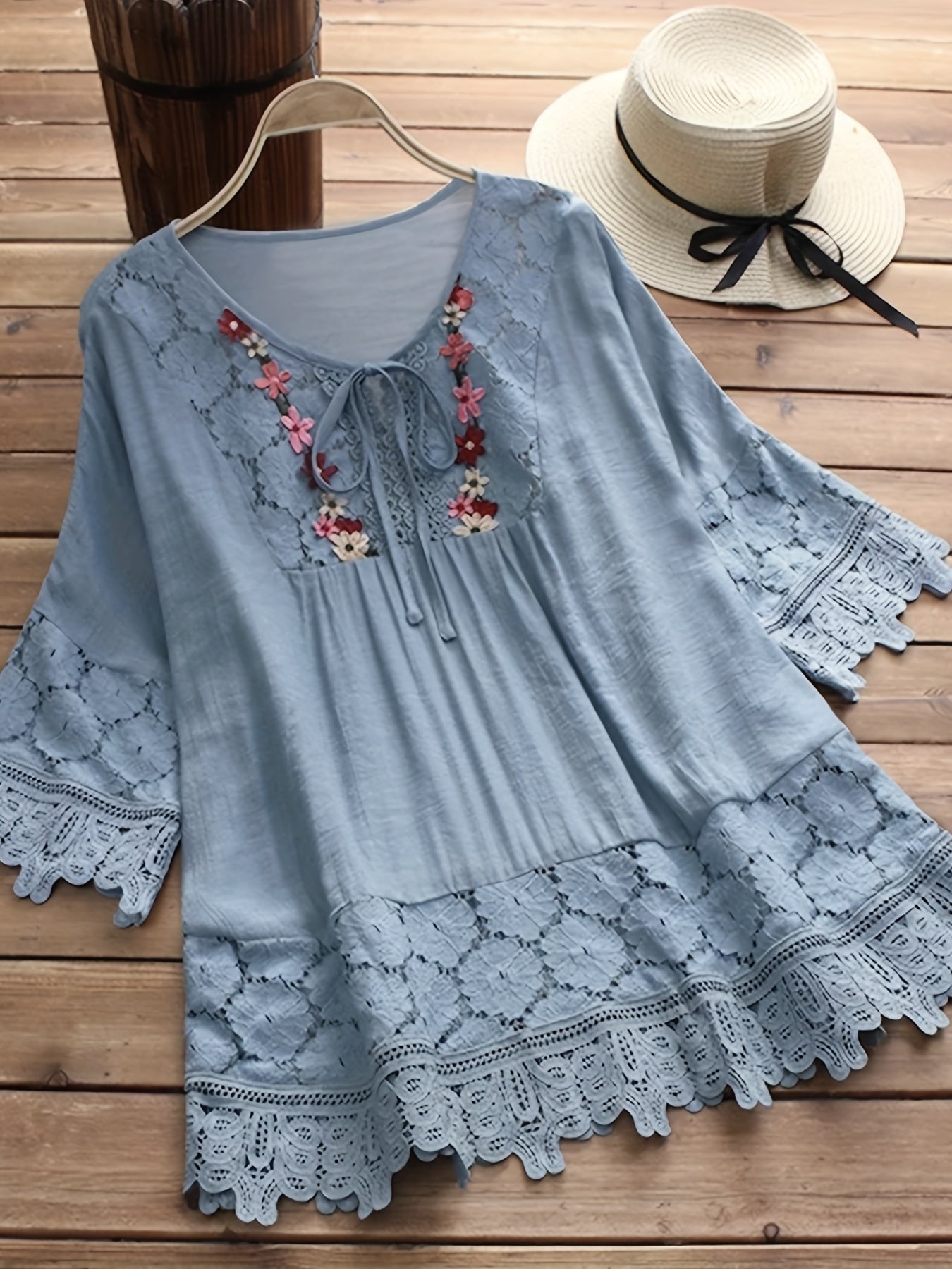 Elegant Lace Patchwork V-Neck Blouse