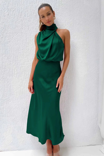 Valoria™ - Halter Neck Satin Maxi Dress