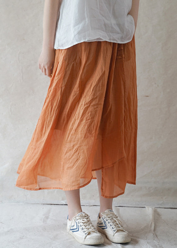 Beige Linen Skirts elastic waist button asymmetrical design Spring