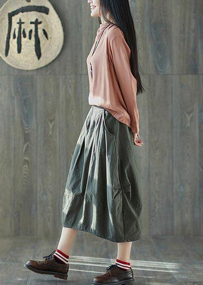 Boutique Green Pockets lantern Cotton Linen Summer Skirt