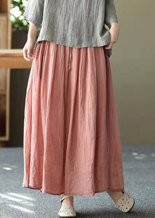 Casual Pink Pockets wrinkled Tie Waist Linen Skirt Summer