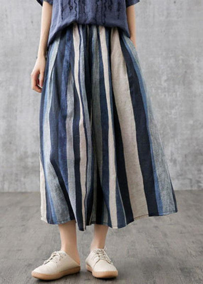 Elegant Navy Retro Striped A Line Summer Skirts Linen