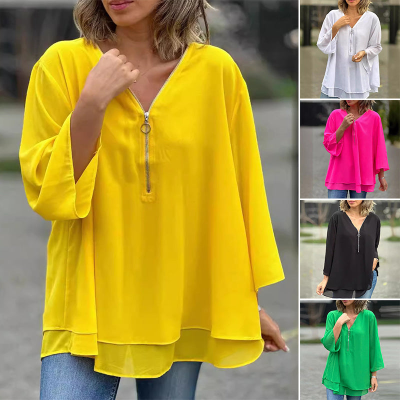 Mediva™ - Chiffon Zipper Top With V-neck