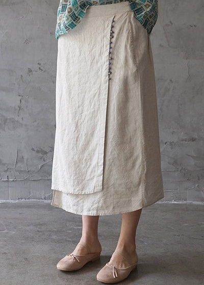 Fine Beige elastic waist asymmetrical design pocket Linen Skirts Spring