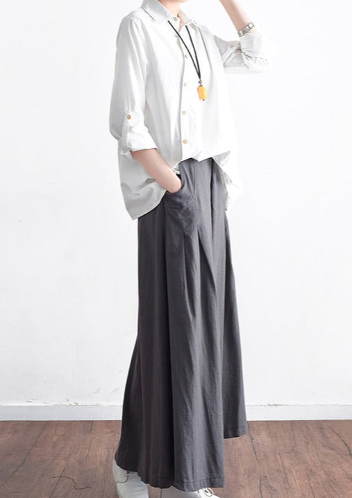 Grey long linen maxi skirt pockets pleated skirts