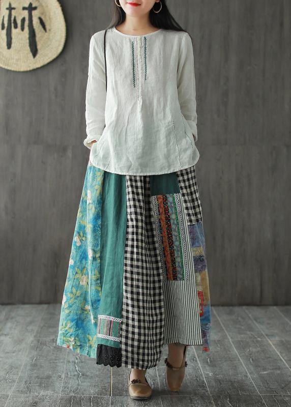 Linen contrast color stitching skirt female spring new retro literary loose elastic waist skirt