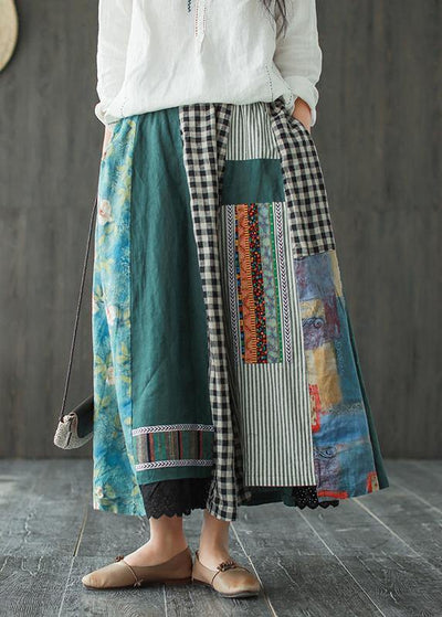 Linen contrast color stitching skirt female spring new retro literary loose elastic waist skirt