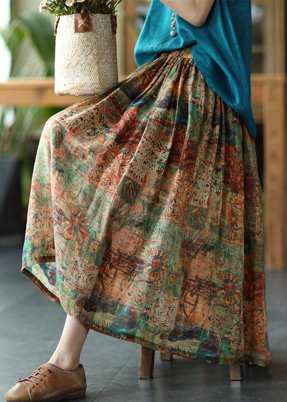 Bohemian Black flower Elastic Waist Print Linen Skirts Summer