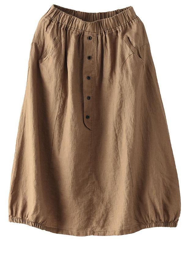 Women Khaki Linen Elastic Waist Button Skirt