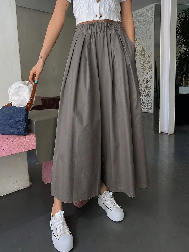 Grey long linen maxi skirt pockets pleated skirts