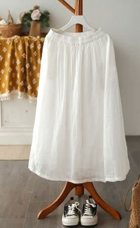 Beige Linen Skirts elastic waist button asymmetrical design Spring